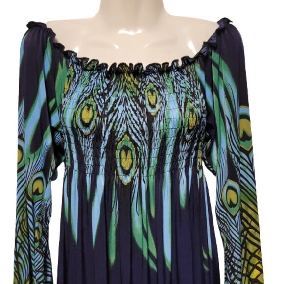 Long Sleeve Maxi Dress Peacok Motif Long Dress - One Size Fits Most- NEW ! - Picture 3 of 12